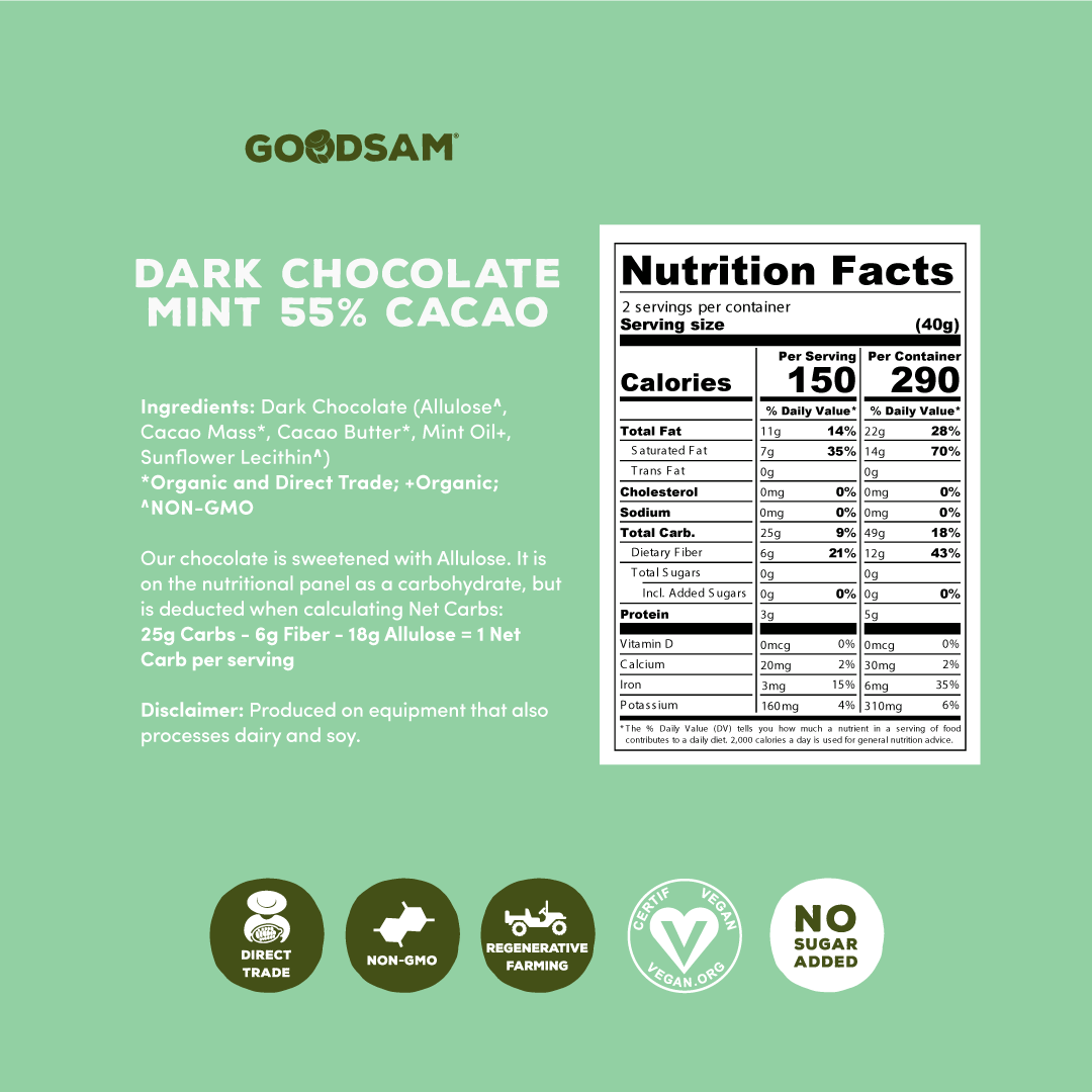 55% Dark Chocolate Mint Bar, 2.8oz, No Sugar Added