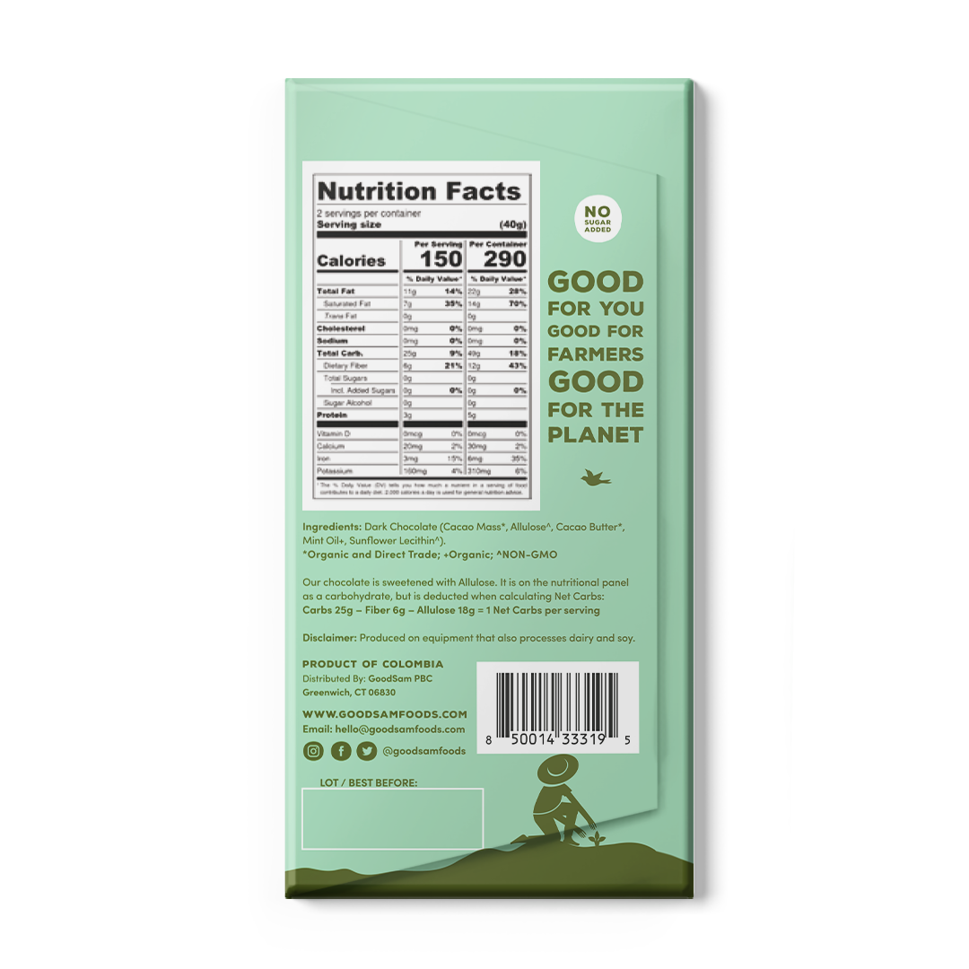 55% Dark Chocolate Mint Bar, 2.8oz, No Sugar Added