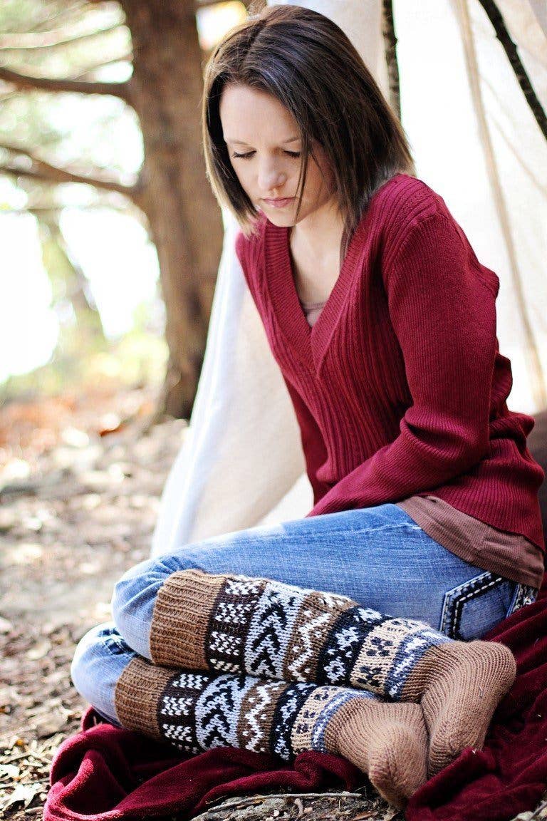 Deluxe Hand Knit Patterned Long Alpaca Socks: Brown / One Size Fits Most