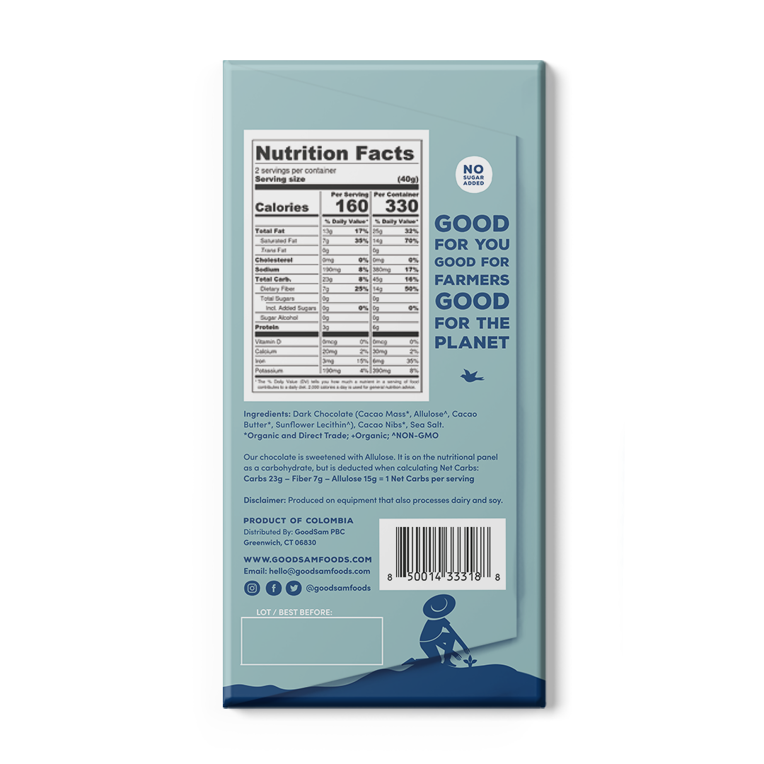 55% Dark Chocolate Sea Salt Nibs Bar, 2.8oz, No Sugar Added