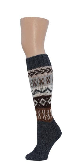 Deluxe Hand Knit Patterned Long Alpaca Socks: Brown / One Size Fits Most