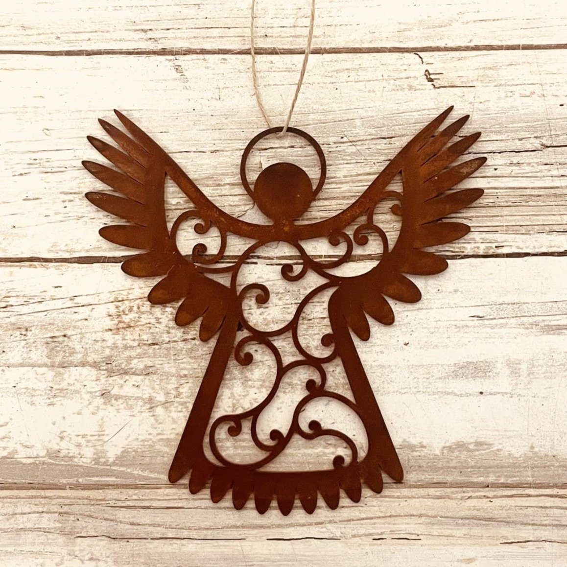 Angel with Wings up Rustic Metal Christmas Ornament