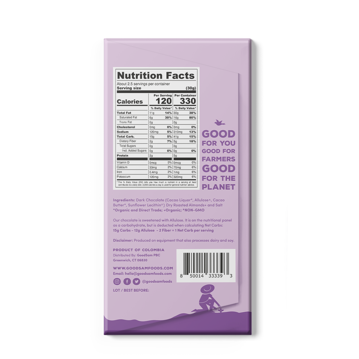 55% Sea Salt & Almond Chocolate Bar, 2.8oz, No Sugar Added