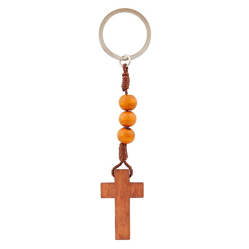 Wood Bead Cross Cord Keychain