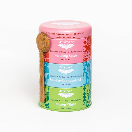 Holiday Trio Tin & Spoon - Organic Black, Purple, Herbal Tea