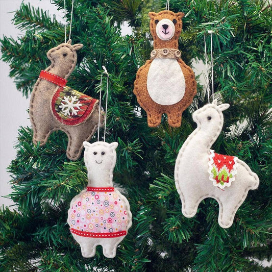 Classic Handmade Felt Alpaca Tree Hanging Ornament Set: Ornament Set of 4