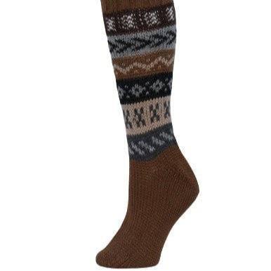 Deluxe Hand Knit Patterned Long Alpaca Socks: Brown / One Size Fits Most